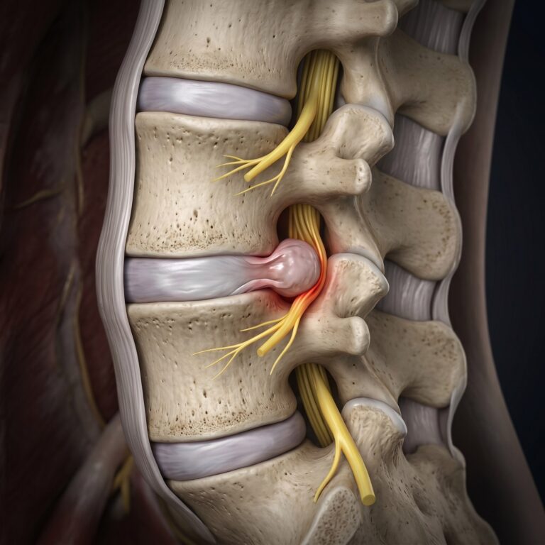 Illustration of a herniated disc in the lower spine pressing on a nerve root, a common cause of sciatica