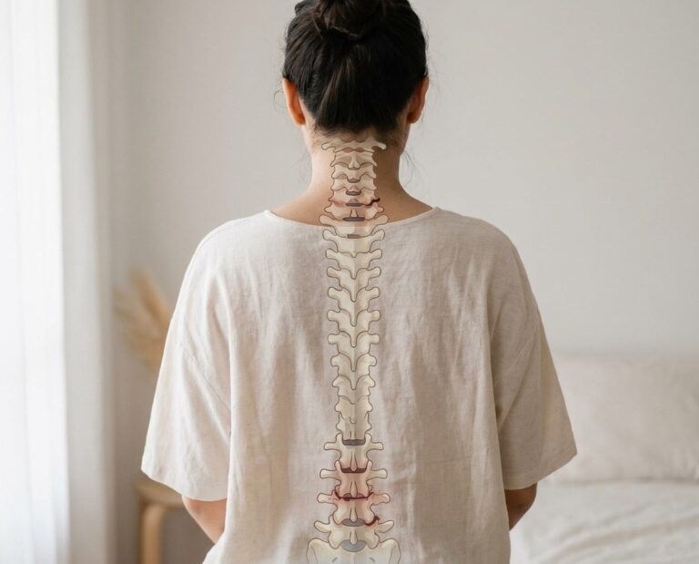 Woman seen from behind with her spine highlighted, illustrating degenerative disc disease