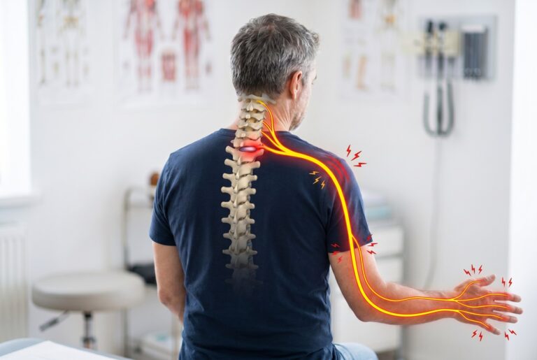 Man seen from behind with the nerve path highlighted from the neck down the arm to the hand, showing how a pinched nerve in the neck can cause arm symptoms
