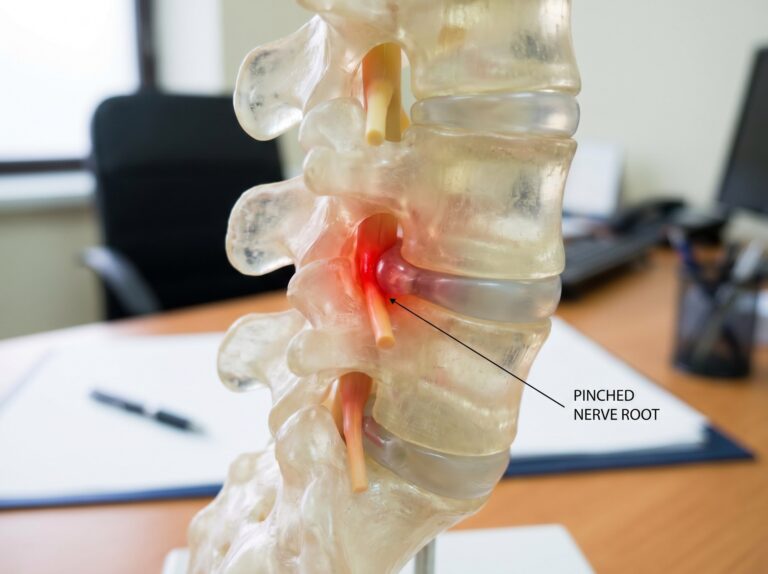Labeled illustration of the lower spine showing a pinched nerve root where a disc presses on the nerve