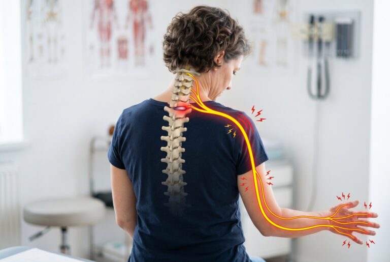 Woman seen from behind with the nerve path highlighted from the neck down the arm, showing how a bulging disc in the neck can cause arm symptoms