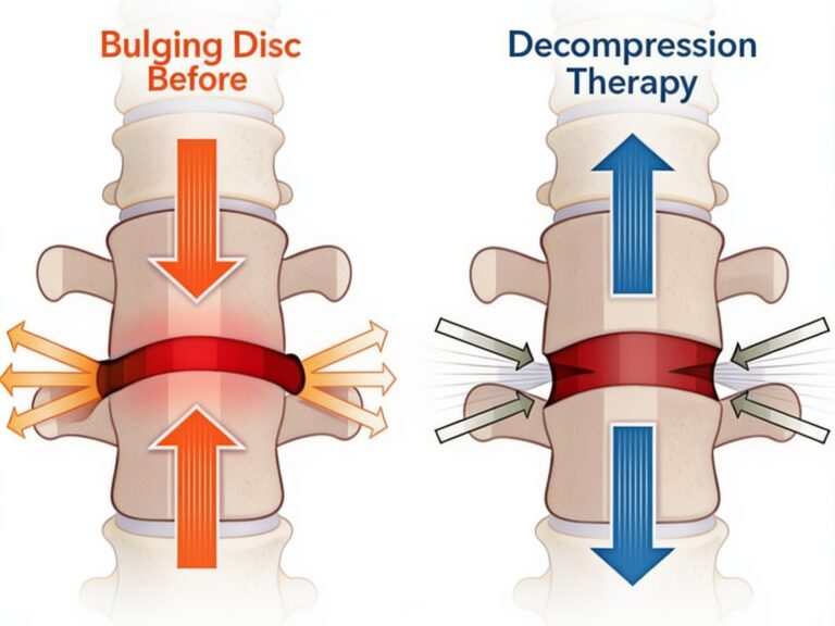 Illustration comparing a bulging disc before treatment with spinal decompression therapy creating space between the vertebrae