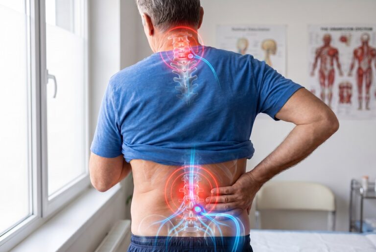 Man holding his lower back with the neck and low back highlighted, showing where herniated disc pain is often felt