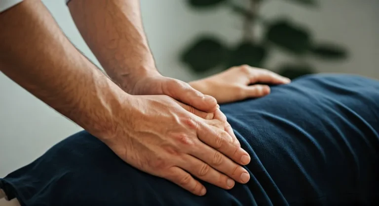 Chiropractor’s hands applying a gentle adjustment to a patient’s lower back