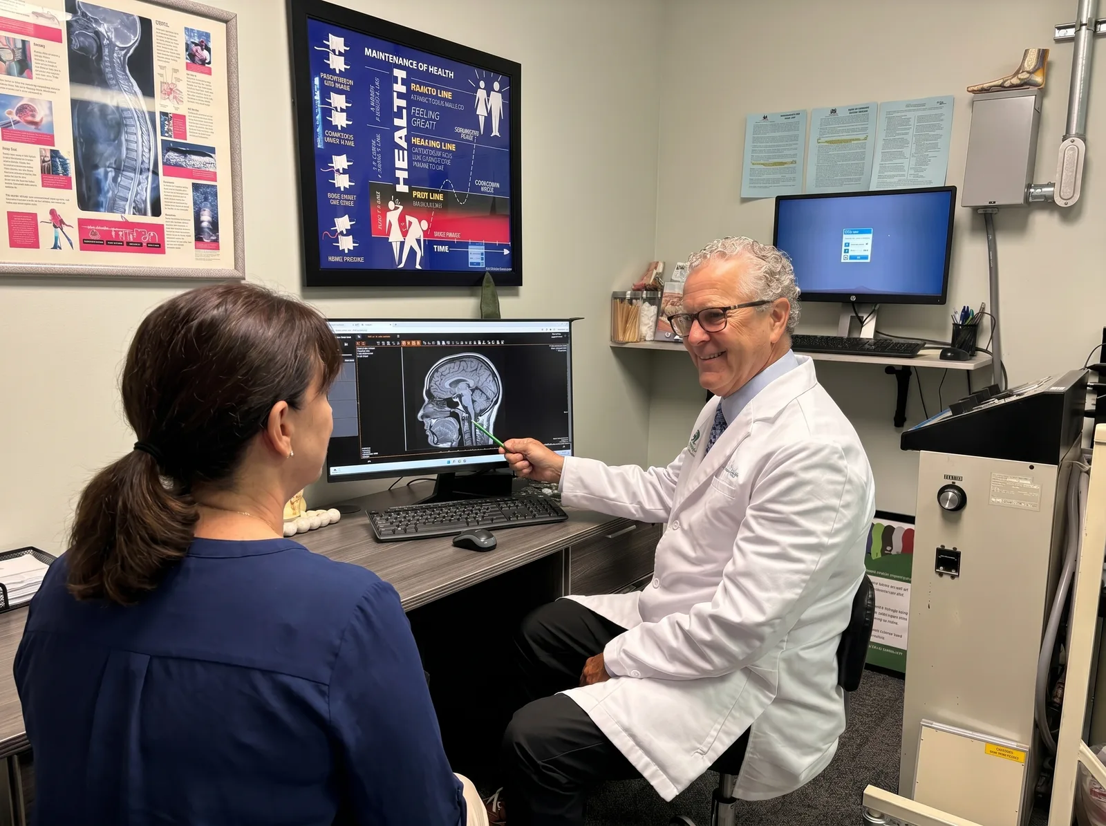 Dr. Brent Ungar reviewing imaging results with a patient at Belden Village Chiropractic and Wellness Center in Canton, OH