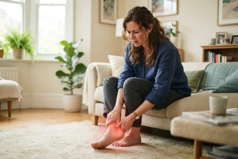 Woman sitting on a sofa holding her painful ankle and heel, showing foot and ankle pain