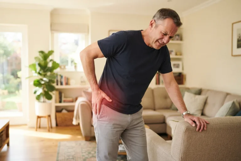 Man holding the side of his hip in pain and leaning on a sofa for support, showing hip pain