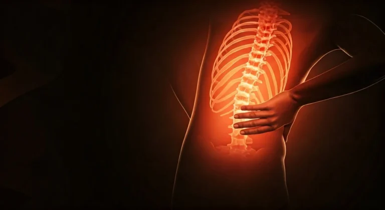 Illustration of the spine and rib cage glowing through the back, with a hand pressed against the lower spine to show low back pain