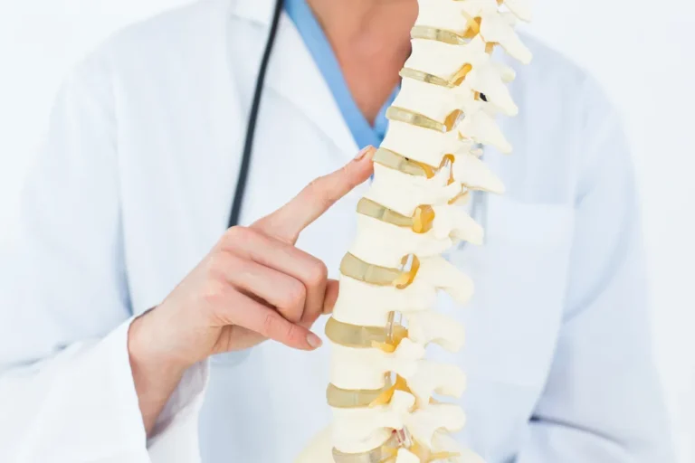 Provider pointing to the discs between the vertebrae on a spine model